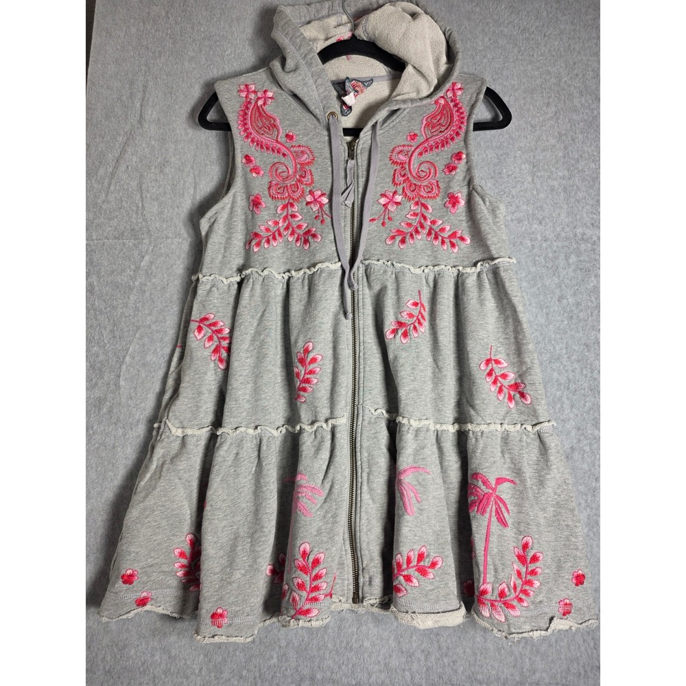 Johnny Was Cassia Grey Embroidered Swing Hoodie Jacket Vest Womens Small Pink